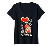 Femme Été, gnome avec pastèque et cœur, joyeux été T-Shirt avec Col en V