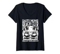 Femme Été Salty Moms Beach Club Fête des mères Vacances Girls Trip T-Shirt avec Col en V