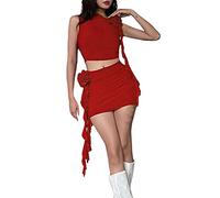 Femme Eté Sexy 2 Pièces Jupe à Frou-Frou Set Crop Top Transparent+Mini Jupe Ajustée avec 3D Fleurs Eté Y2K Glands Tenues Fleur Frou-Frou Jupe Club Nuit Jupe Set Fête (Rouge-1, S)