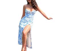 Femme Eté Spaghetti Robe fleurie Y2k Sexy Slim Split Boho Robe midi Sans manches Dos nu Robe de plage Avec Haute Fente Cutout Bodycon Robe fleurie Robe de plage Sexy Cami Fleurs Robe portefeuille