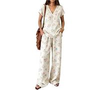 Femme Ethnique Fleurs Imprimé Col V Manches Courtes Haut & Pantalons Palazzo à Jambes Larges Ensemble 2 Pièces Tenue Décontractée Loungewear