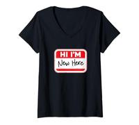 Femme Étiquette de nom humoristique « Hi I'm New Here » T-Shirt avec Col en V