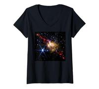 Femme Étoile Bleue Brillante et nébuleuse Rouge dans l'espace Cosmique T-Shirt avec Col en V