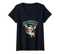 Femme Even A Gangsta Like Me Needs A Frontal Kiss Chihuahua Dog T-Shirt avec Col en V
