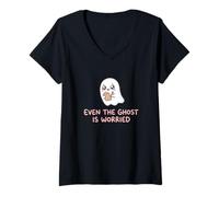 Femme Even The Ghost is Worried Anxiety Humour Spooky Halloween T-Shirt avec Col en V