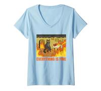 Femme Everything is Fine Burning Cat T-Shirt avec Col en V