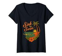 Femme Évier tropical ou nage squelette amusant plage coucher de soleil d'été T-Shirt avec Col en V