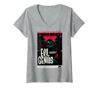 Femme Evil Genius Retro The World Domination Jeu de Simulation T-Shirt avec Col en V