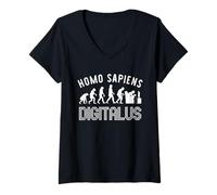 Femme Evolution Nerd Homo Sapiens Digitalus Inscription Gamer Latin T-Shirt avec Col en V
