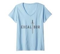 Femme Excalibur L'épée légendaire dans la Pierre du Roi Arthur T-Shirt avec Col en V