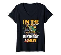 Femme Excavateur d'équipage I'm The Birthday Boy Party T-Rex Boys T-Shirt avec Col en V