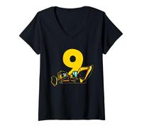 Femme Excavatrice 9e Anniversaire Bulldozer Construction Adventure T-Shirt avec Col en V