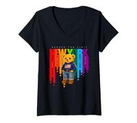 Femme Exceed The Limit New York Teddy Bear- Colorful NYC Boroughs T-Shirt avec Col en V
