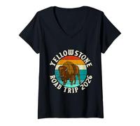 Femme Excursion en Voiture à Yellowstone, Sunset Bison 2026 T-Shirt avec Col en V