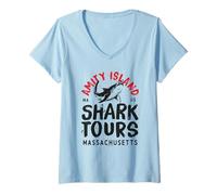 Femme Excursions et Aventures avec Jaws Shark à Amity Island T-Shirt avec Col en V