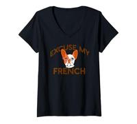 Femme Excuse My French Bulldog Frenchie Chien Race Fourrure Maman Meme T-Shirt avec Col en V