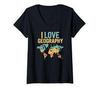 Femme Explorateur de Cartes du Monde I Love Geography T-Shirt avec Col en V