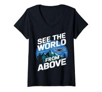 Femme Explore La Vue Découvre Le Monde Vu du Ciel Amateur Drone T-Shirt avec Col en V