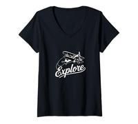 Femme Explorez Le Costume Vintage pour Amateur de Voyage en Avion T-Shirt avec Col en V