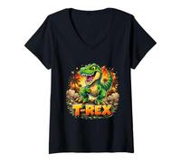 Femme Explosion de Dinosaure de Dessin animé Tyrannosaure Rex pour Enfants T-Shirt avec Col en V