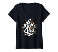Femme Expression de Foi inspirante « I Love God » T-Shirt avec Col en V