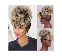 Femme Extension capillaire synthétique à clip, chignon afro bouclé avec frange, queue de cheval avec cordon de serrage Facile à utiliser(1BT613)