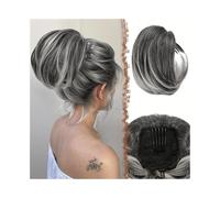 Femme Extension capillaire synthétique lisse avec chignon et cordon de serrage, peigne, clip, queue de cheval, chignon Facile à utiliser(#1B/Deep Grey)