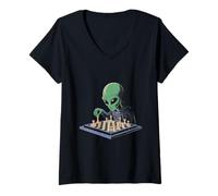 Femme Extraterrestre Vert drôle Jouant aux échecs Cool OVNIS drôles extraterrestres Memes T-Shirt avec Col en V
