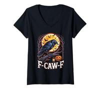 Femme F-Caw-F Halloween Corbeau Moon Funny FCAWF Spooky Vintage T-Shirt avec Col en V