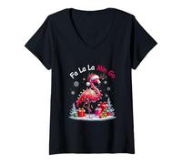 Femme FA La Lala Mingo Flamingo Rose Noël Tropical Cheer T-Shirt avec Col en V