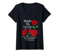Femme Fabriqué il y a 76 Ans Rose Flower 76 Ans 76e Anniversaire T-Shirt avec Col en V