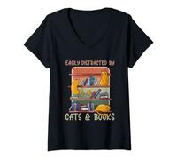 Femme Facile à distraire par les chats et les livres T-Shirt avec Col en V