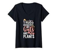 Femme Facile à distraire par Les Chats et Les Plantes T-Shirt avec Col en V