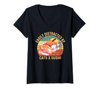 Femme Facile à distraire par Les Chats et Les sushis Amusants T-Shirt avec Col en V
