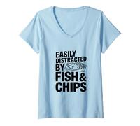 Femme Facilement distrait par Les Amateurs de Nourriture Amusante Fish and Chips T-Shirt avec Col en V