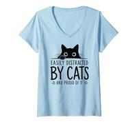 Femme Facilement Distrait par Les Chats Et Fier De l'art Drôle De T-Shirt avec Col en V