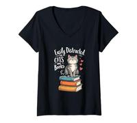Femme Facilement distrait par Les Chats et Les Livres - Amusant et Mignon Amant de félins T-Shirt avec Col en V