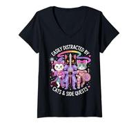 Femme Facilement distrait par Les Chats et Les quêtes Secondaires T-Shirt avec Col en V