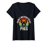 Femme Facilement distrait par Les cochons, Fermier Amusant T-Shirt avec Col en V