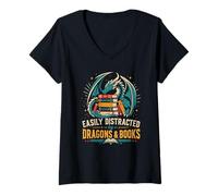 Femme Facilement distrait par Les Dragons et Les Livres T-Shirt avec Col en V