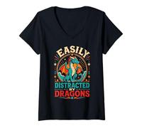 Femme Facilement distrait par Les Dragons T-Shirt avec Col en V