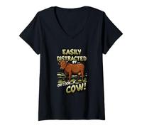 Femme Facilement distrait par Oh Look A Cow Funny FarmAnimal T-Shirt avec Col en V