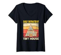 Femme Facilement distrait par Tiny House Funny Retro Tiny Home Owner T-Shirt avec Col en V