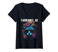 Femme Fairbanks Alaska Lunettes de Soleil et Fleurs Motif Chat T-Shirt avec Col en V