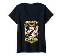 Femme Faire la fête comme The Great Catsby Parodie Funny Cat T-Shirt avec Col en V