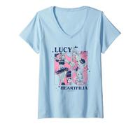 Femme Fairy Tail Lucy Heartfilia Multi Pose Distressed Showcase T-Shirt avec Col en V, Bleu Céleste, XXL