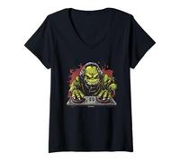 Femme Faites tourner les Beats avec un Ogre de fête sur la cabine de DJ T-Shirt avec Col en V