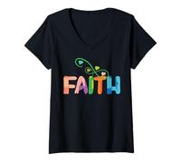 Femme Faith avec des cœurs colorés et un effet artistique T-Shirt avec Col en V