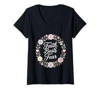 Femme Faith Beats Fear Inspiration missionnaire T-Shirt avec Col en V