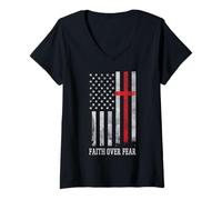 Femme Faith Drapeau américain Chrétien Patriotique Dieu Jésus Hommes Femmes Enfants T-Shirt avec Col en V